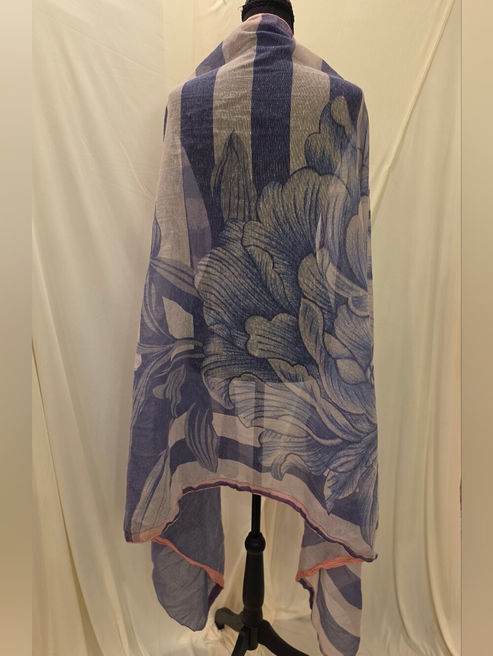 Oversized Sheer Floral Stripe Scarf Wrap Shawl Blue Purple Long Big Bloom 85x39 - Picture 3 of 5